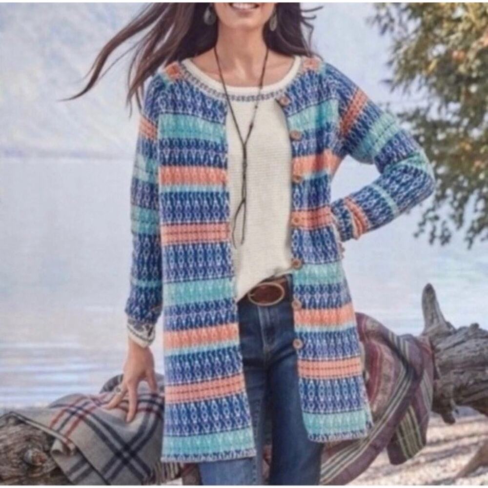 Sundance Women’s Longline Striped Cardigan Sweater Cotton Wool Blend Size Large